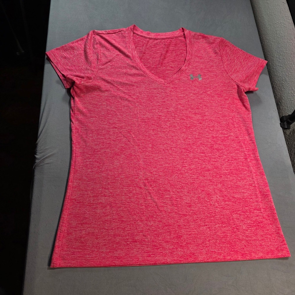 Under Armour Pink Heather Tech V-Neck Short Sleeve Athletic T-Shirt Womens *